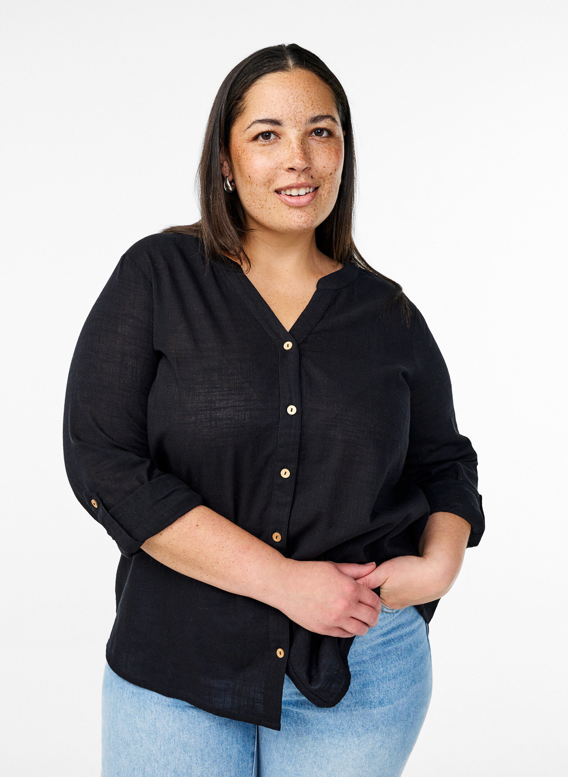 Katoenen blouse met een V-hals, Zwart, Model