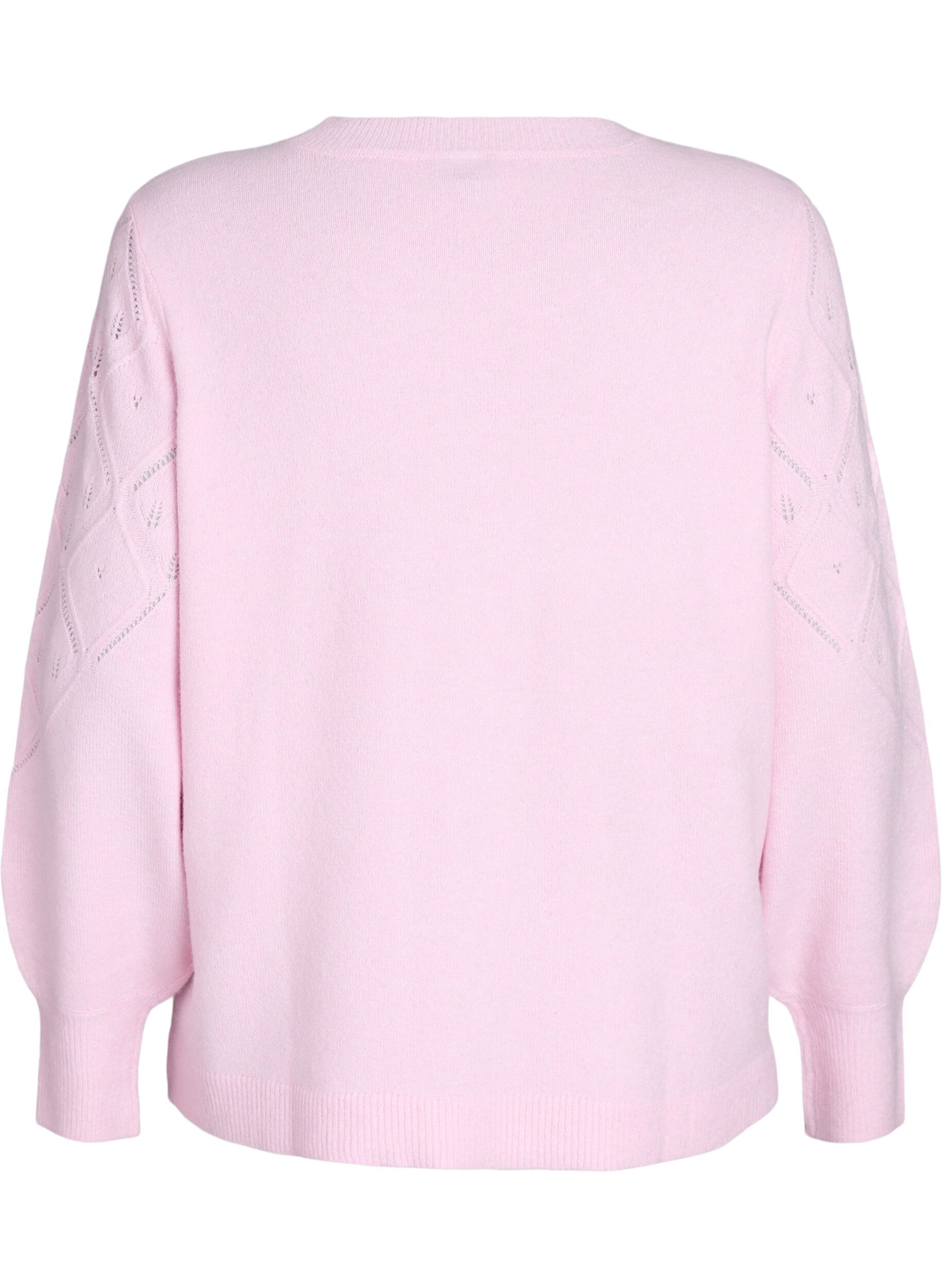 Zizzi Gebreide top met opengewerkt patroon en ballonnen mouwen, Roze, Packshot image number 1