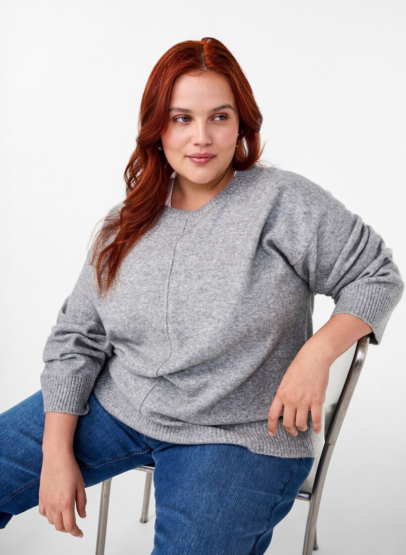 Gebreide blouse met ronde hals en middennaad, Light Grey Melange, Image image number 0