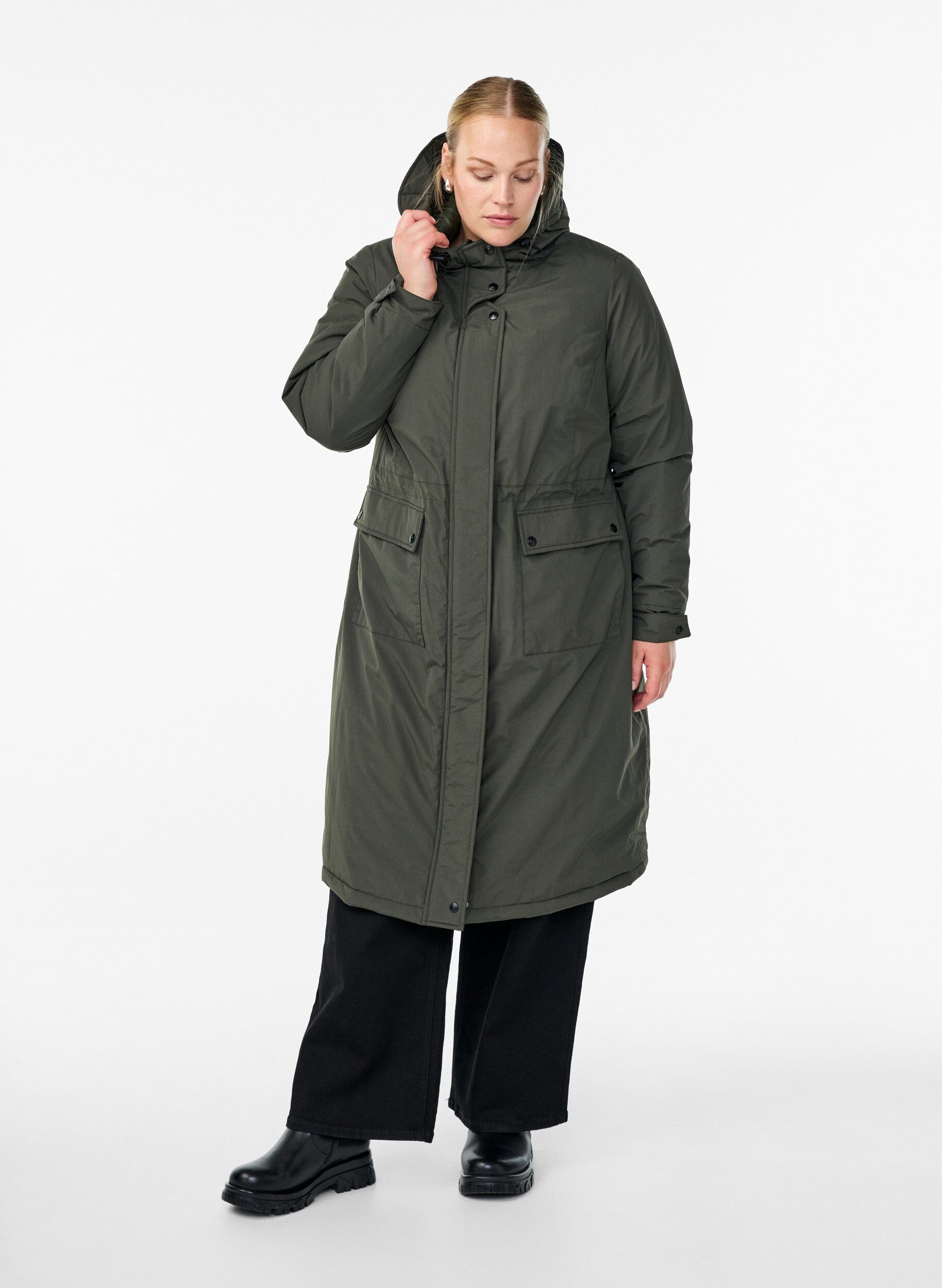Zizzi Parka met capuchon en verstelbare taille, Groen, Model image number 1