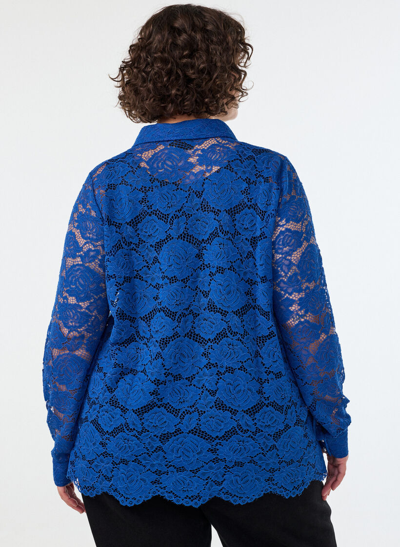 Kanten shirt met parelknopen, Blauw, Model image number 2