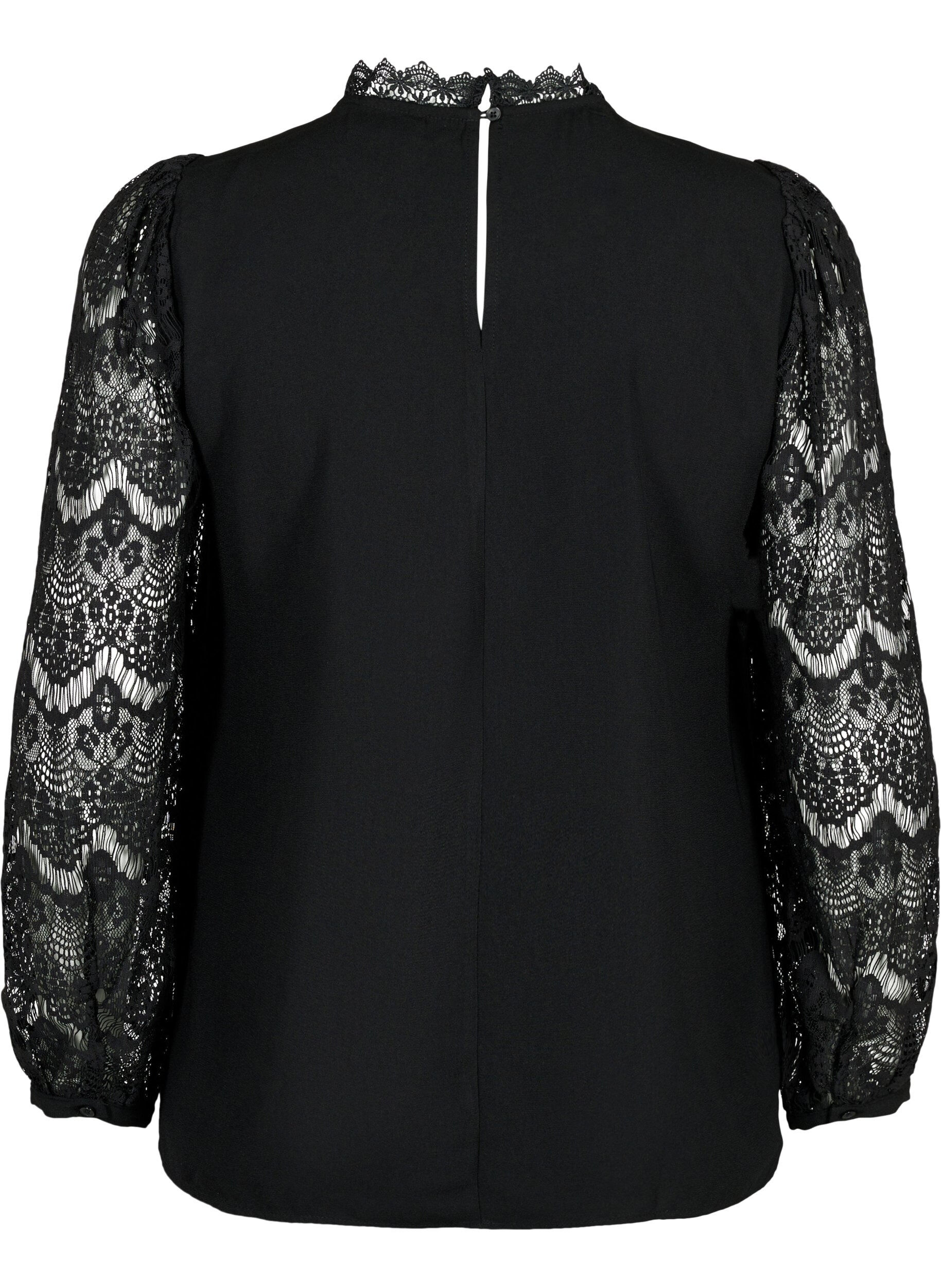 Zizzi Blouse met lange mouwen en kant, Black, Packshot image number 1
