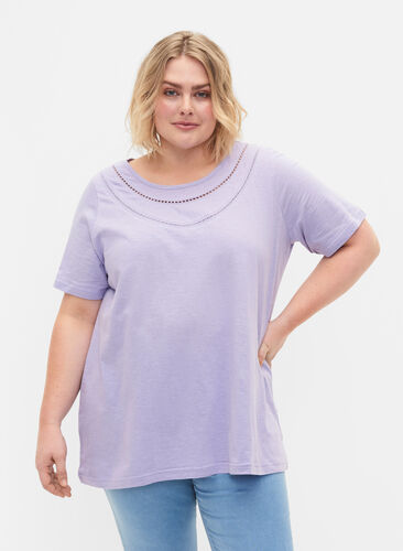 Katoenen t-shirt met kanten band, Lavender, Model image number 0