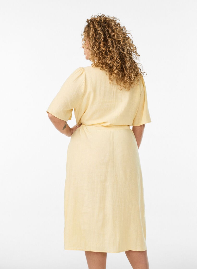 Shirtjurk in linnen en viscose met strikceintuur, Geel, Model image number 2
