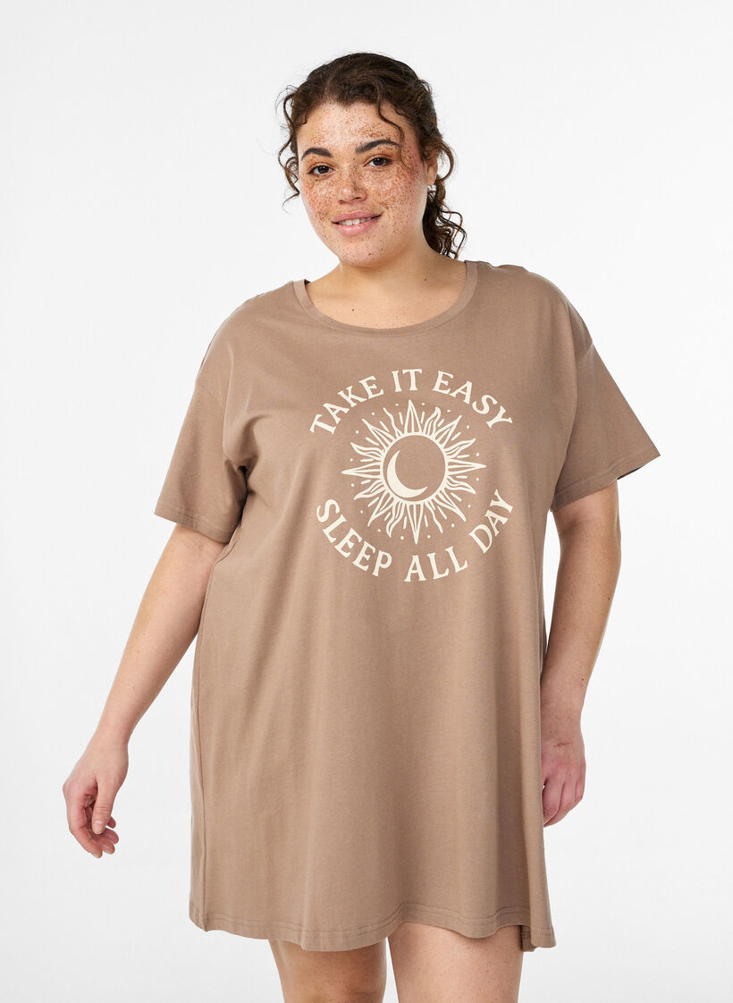 Lang nachthemd-T-shirt in biologisch katoen met print, Beige, Model image number 0