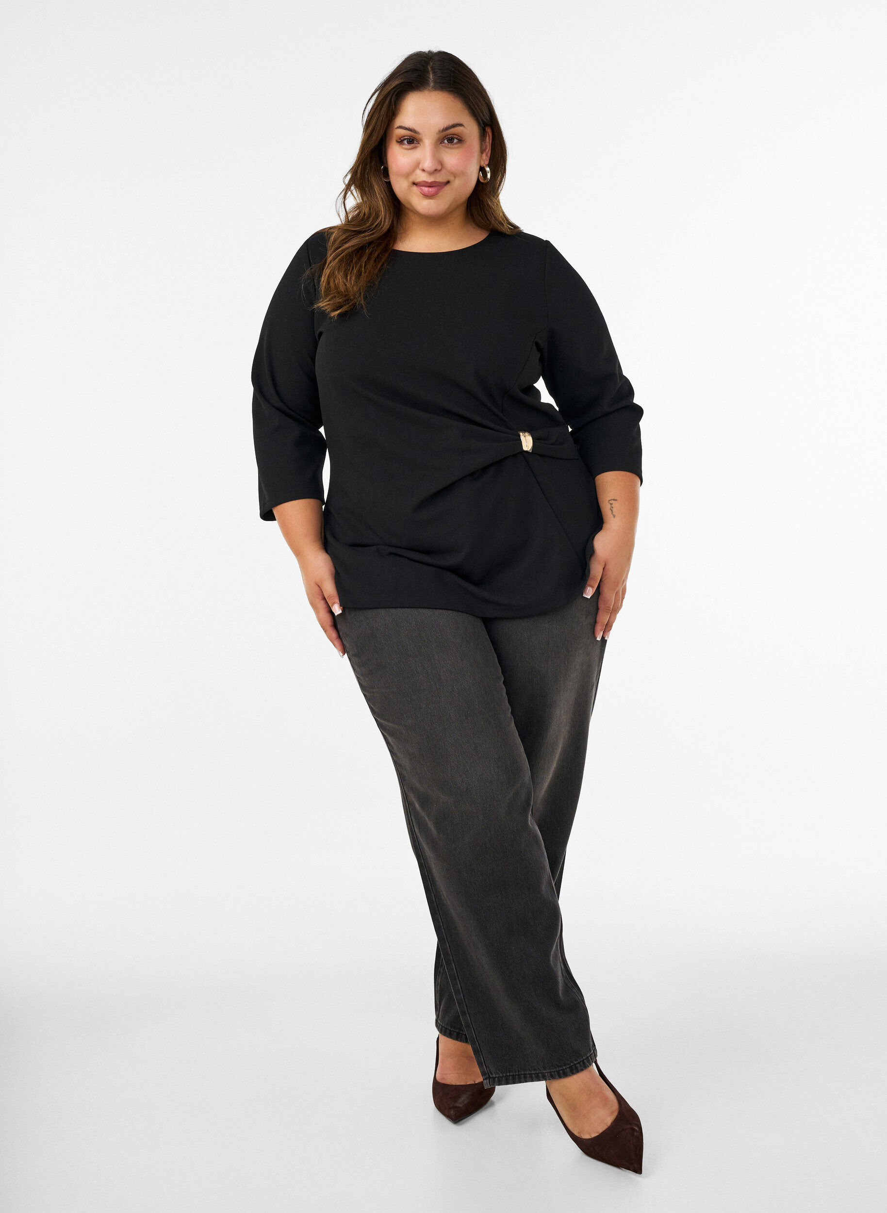 ZizziBlouse met asymmetrische drapering en 3/4-mouwen, Zwart, Model image number 1