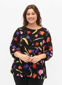 Viscose blouse met print en 3/4 mouwen, Faded Tulip AOP, Model