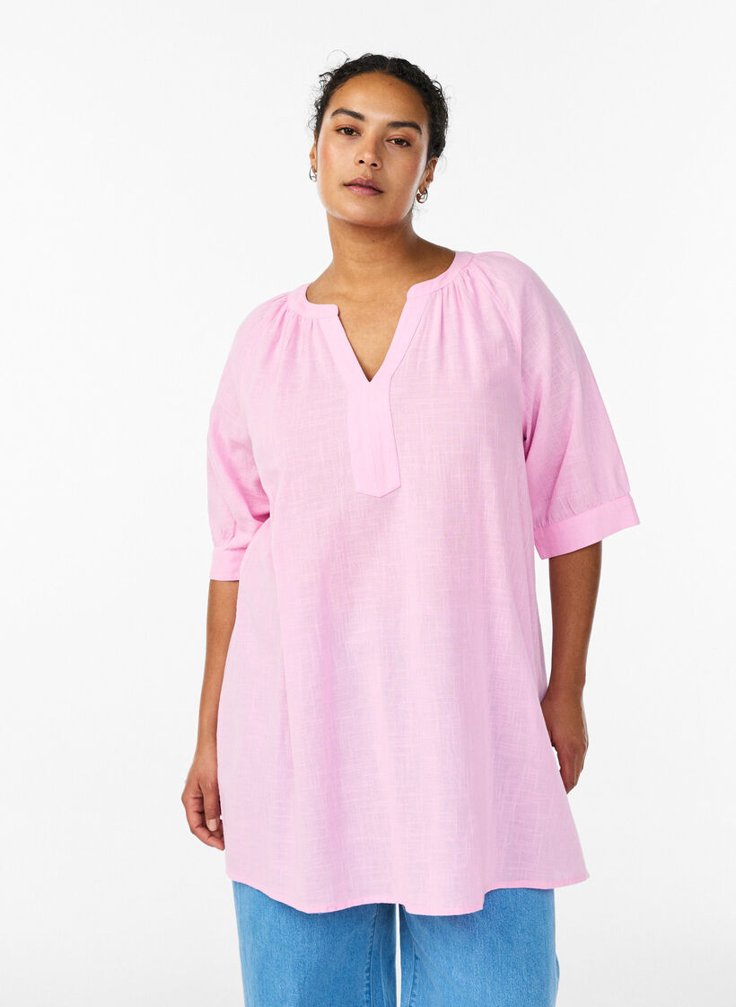 Katoenen tuniek met V-hals, Roze, Model image number 0