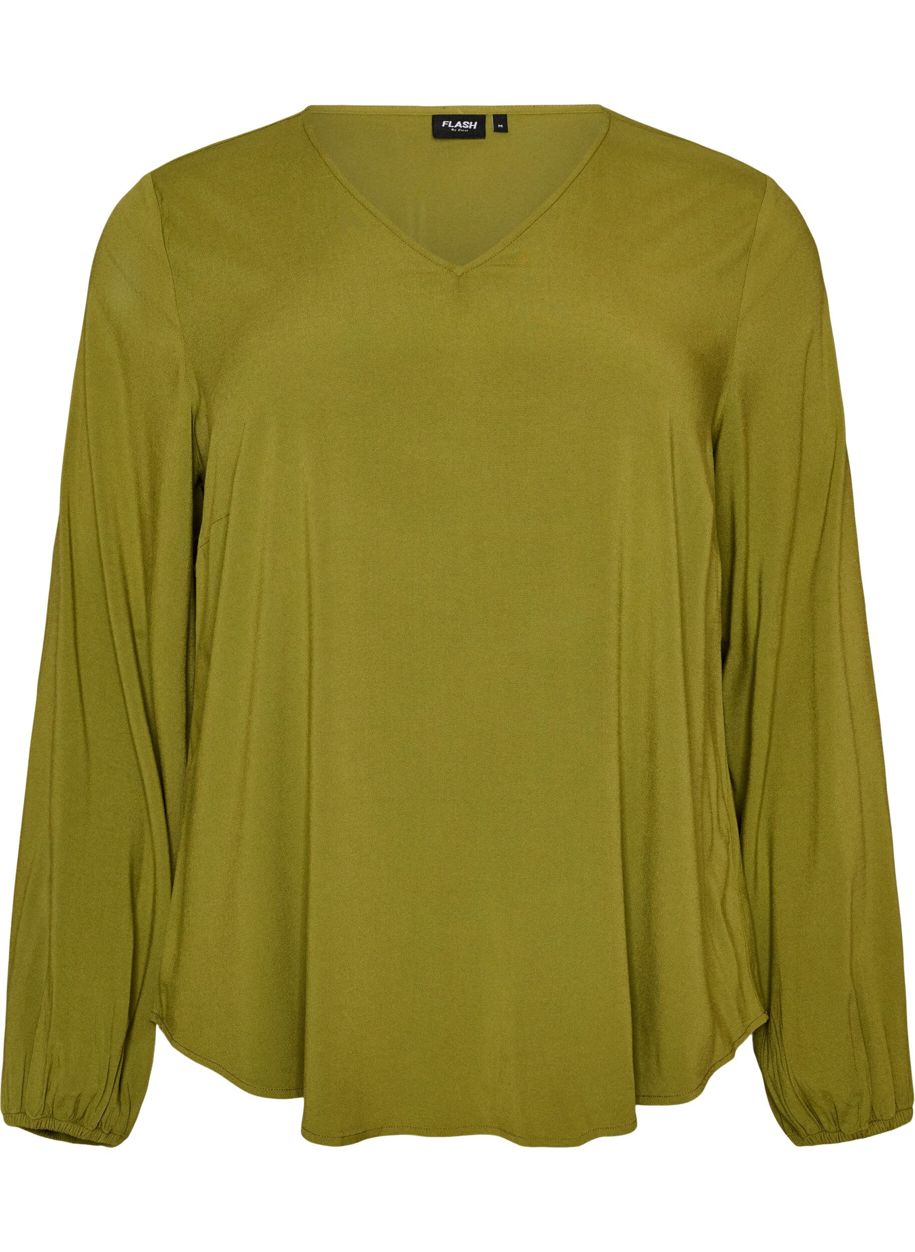 ZizziViscose blouse met V-hals en lange mouwen, Groen, Packshot image number 0