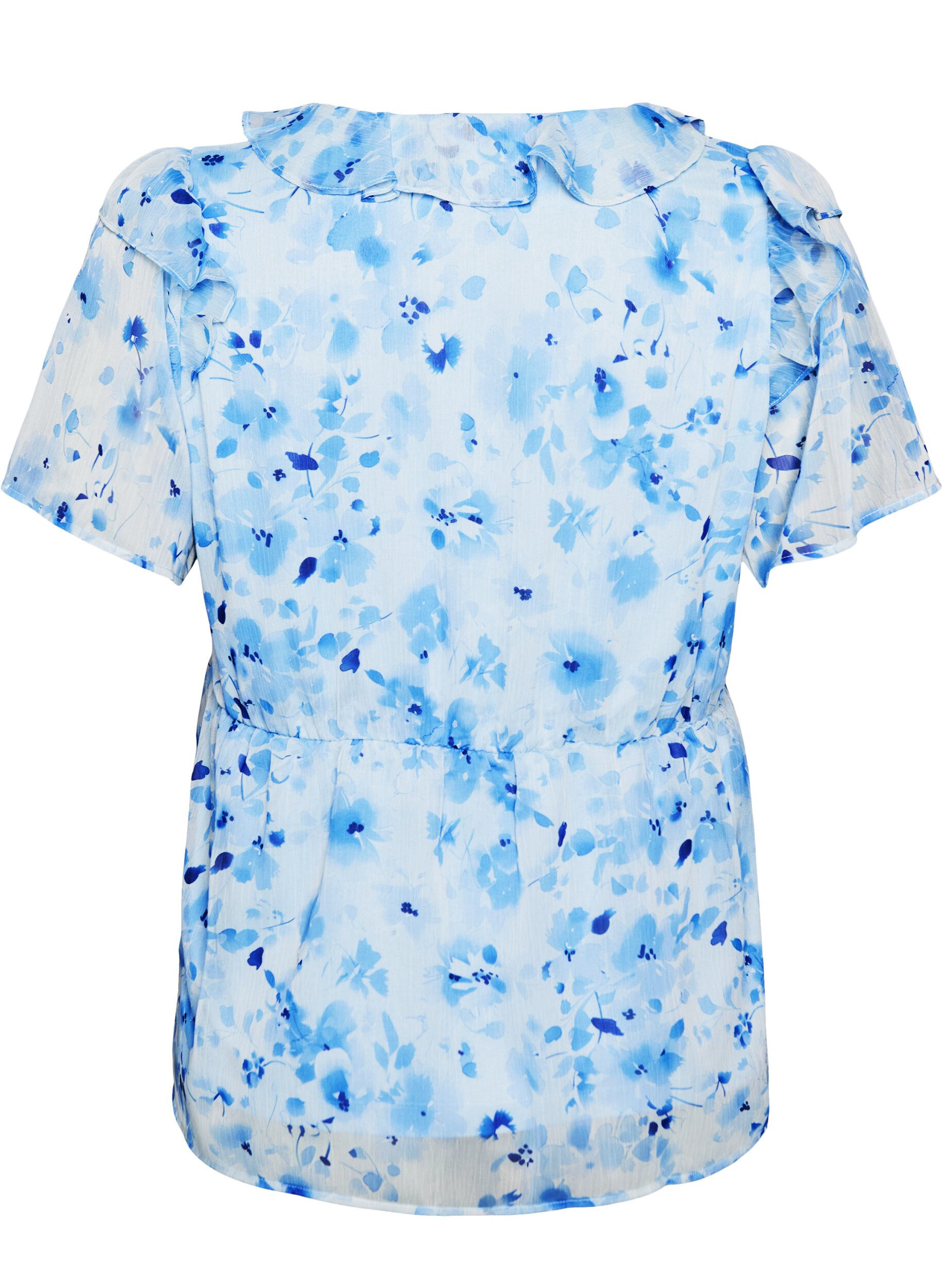ZizziBloemenblouse met rucheskraag en peplum effect, Blauw, Packshot image number 1