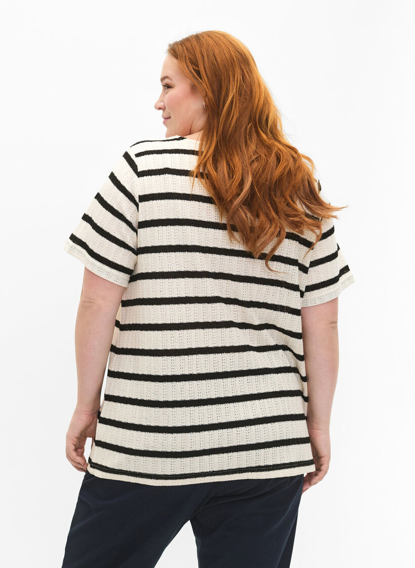 Blouse met korte mouwen en contrastkleurige strepen, Sand Black Stripe, Model image number 1