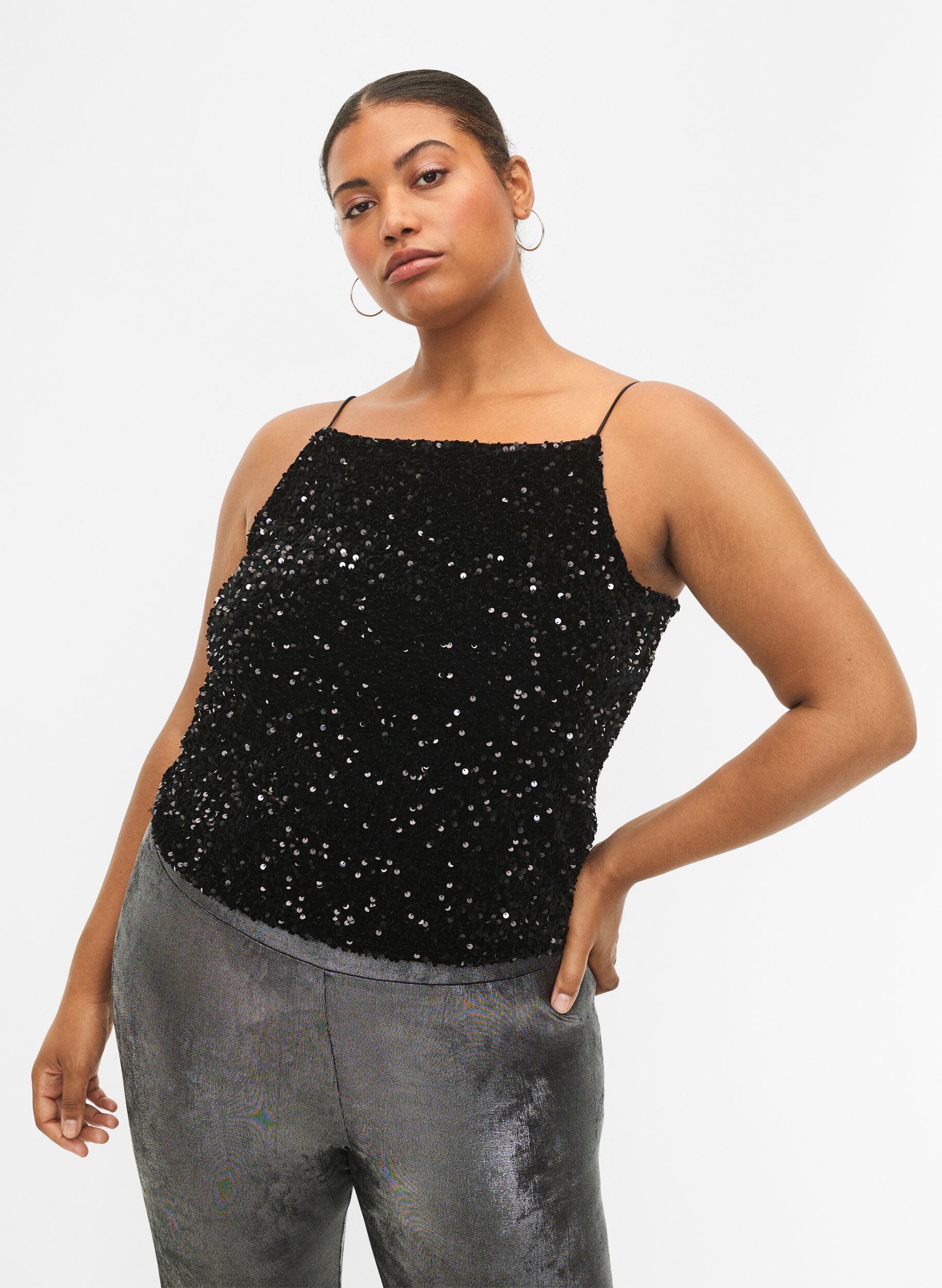 Zizzi Top met pailletten en smalle bandjes, Black Sequins, Model image number 0