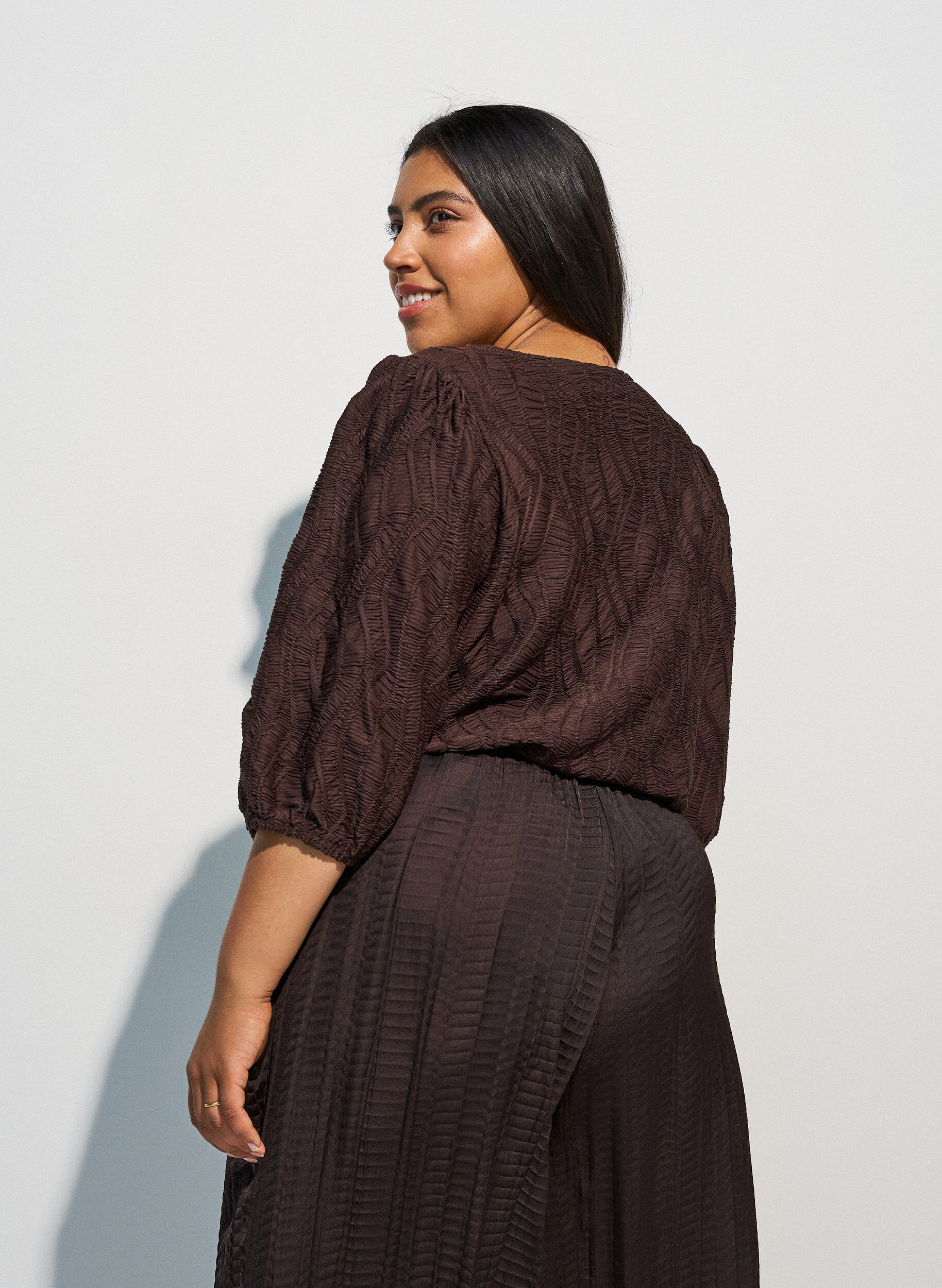 ZizziBlouse met textuur en 3/4 mouwen, Bruin, Model image number 2