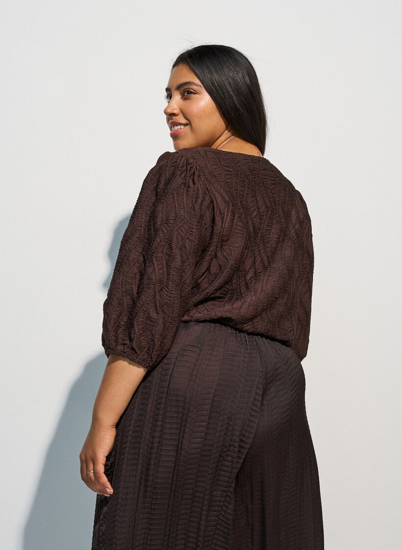 Blouse met textuur en 3/4 mouwen, Bruin, Model image number 2