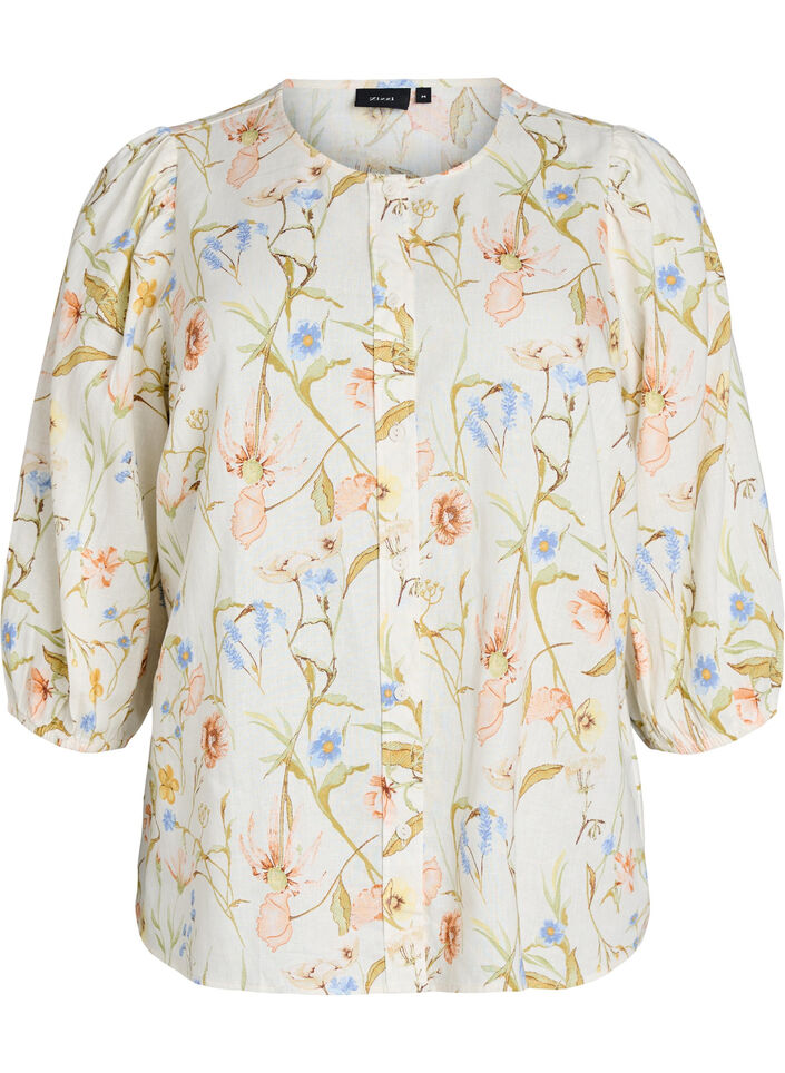 Shirtblouse in linnen en viscose met 3/4-mouwen, Vanille, Packshot image number 0