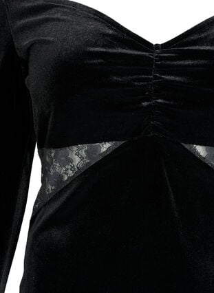 Korte velours jurk met kanten detail, Black, Packshot image number 2