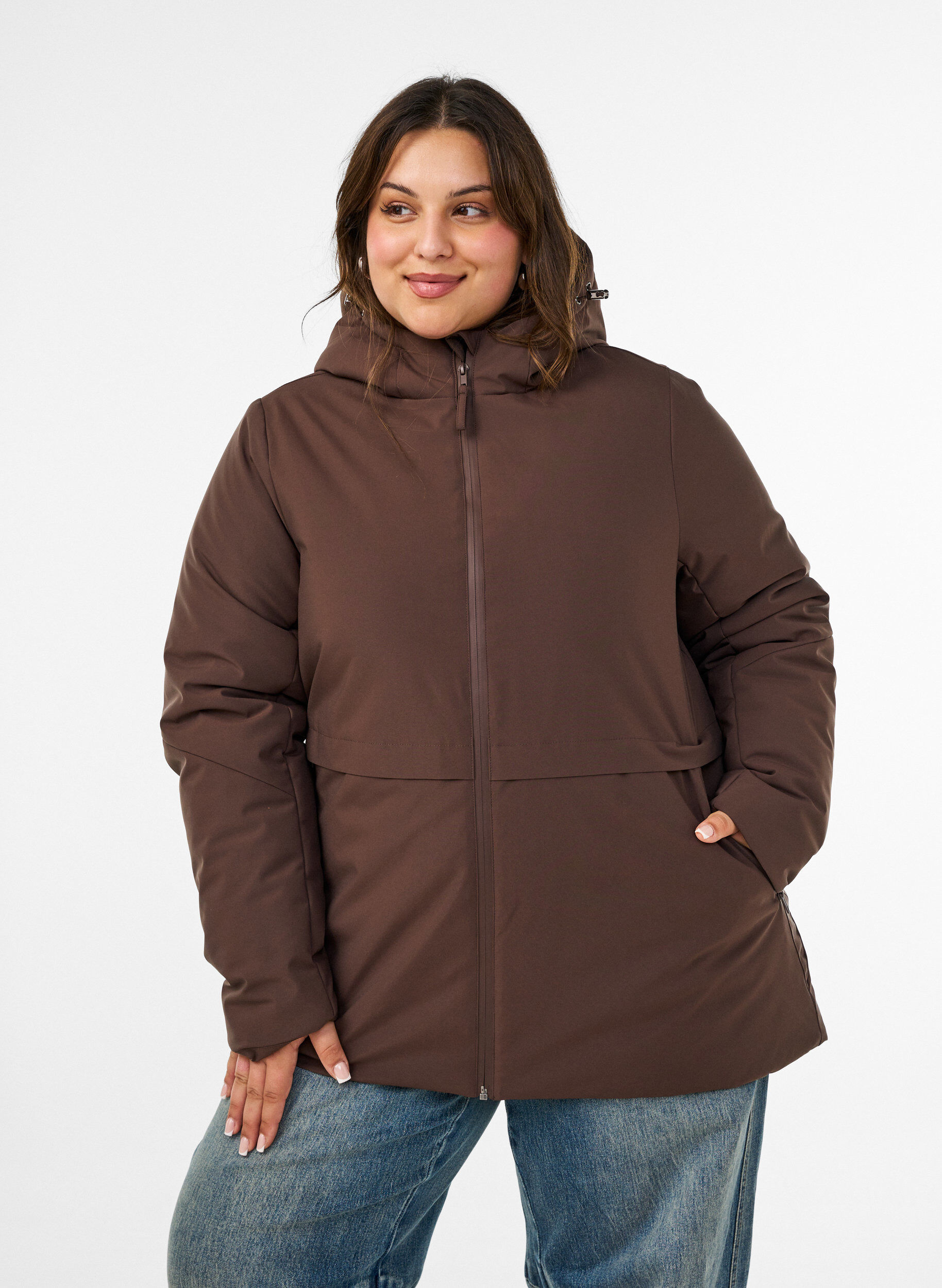 ZizziWinterjas met capuchon en verstelbare taille, Bruin, Model image number 0