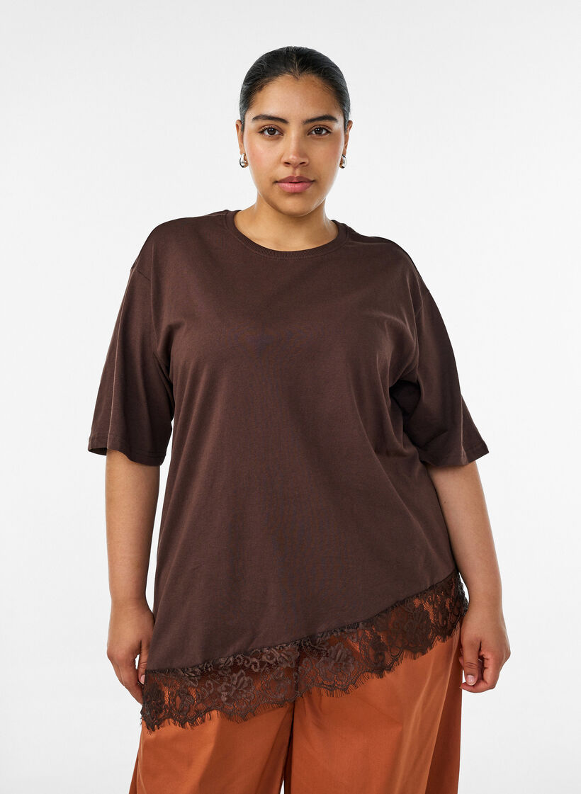 T-shirt met asymmetrische kanten zoom, Bruin, Model image number 0