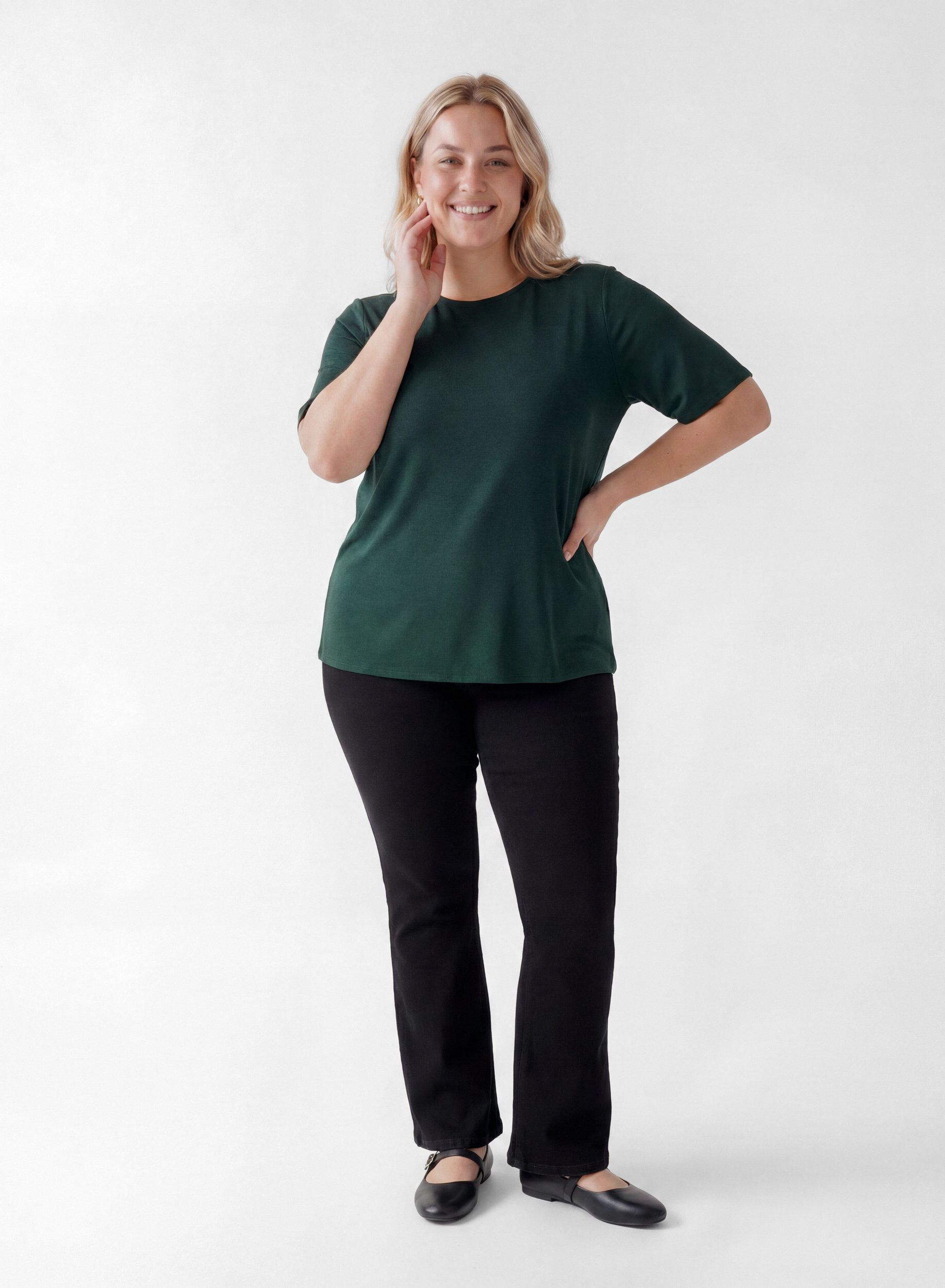 ZizziGeweven blouse met korte mouwen en ronde hals, Groen, Model image number 1