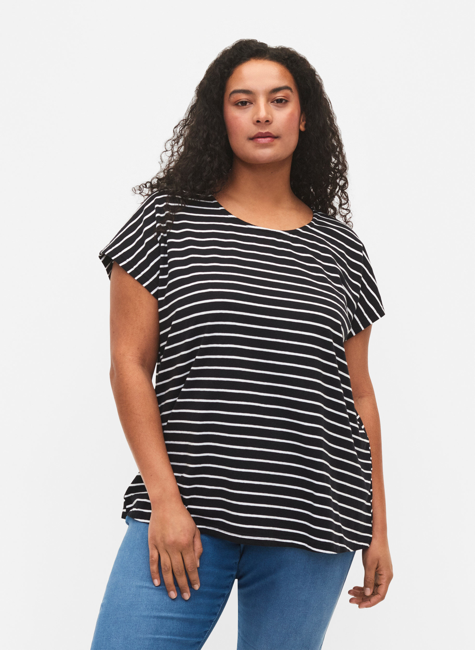 Zizzi 	 Katoenen t-shirt met strepen, Black W. Stripe, Model image number 0