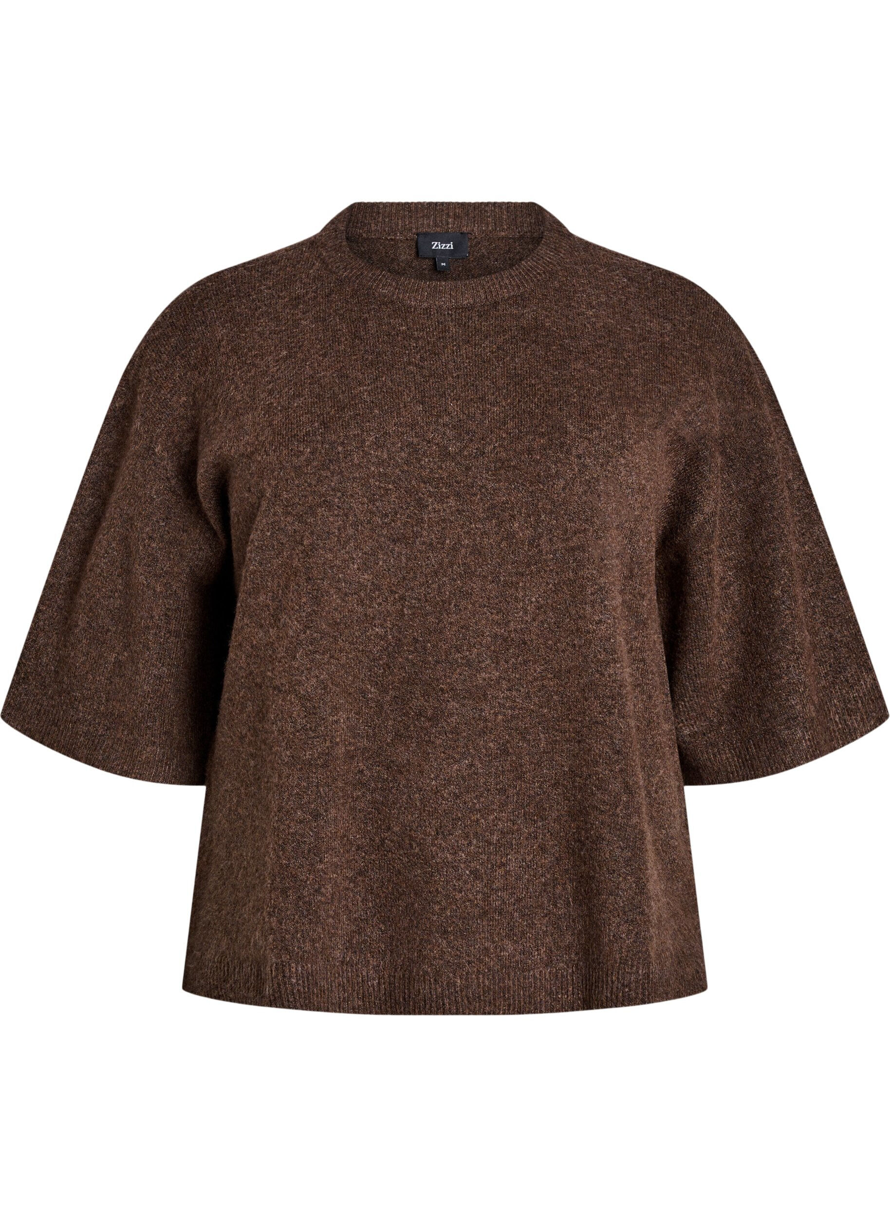 Zizzi Los gebreide shirt met korte mouwen, Bruin, Packshot image number 0