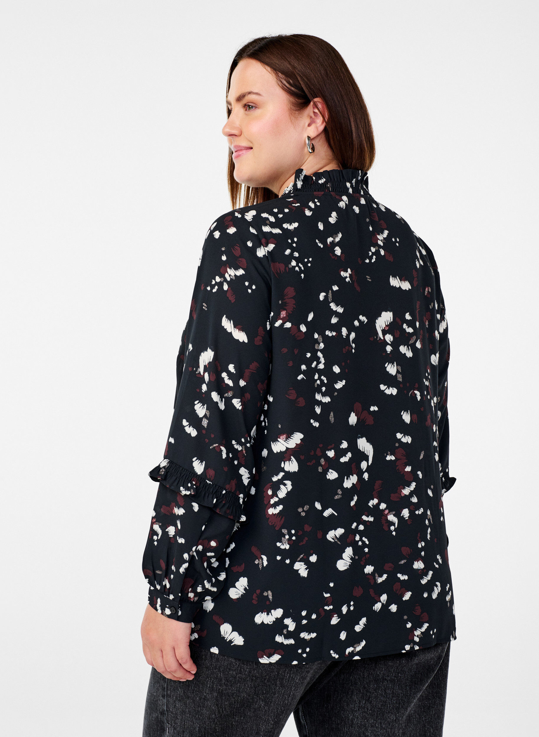 Zizzi Blouse met print en ruchedetails, Zwart, Model image number 2