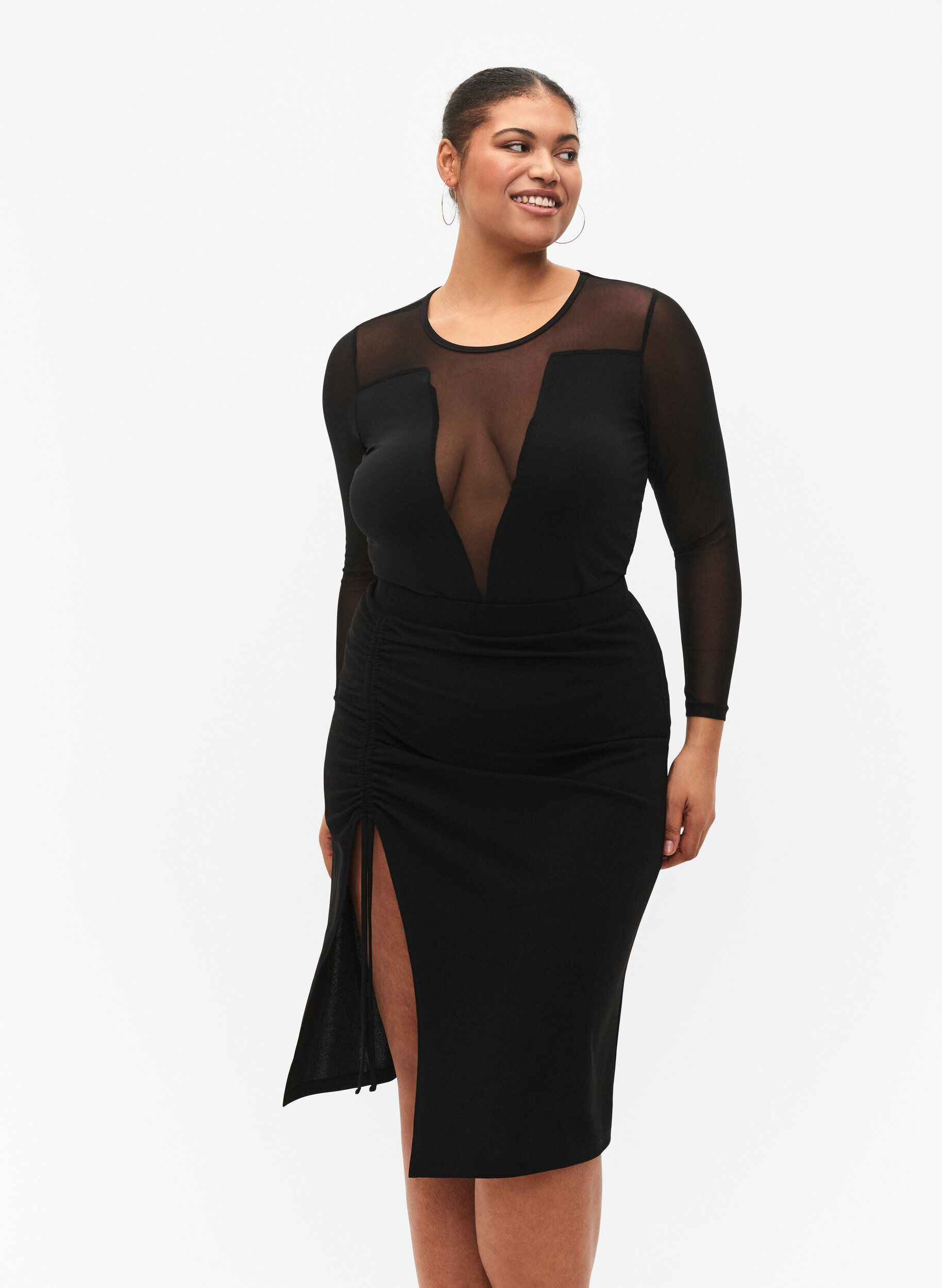Zizzi Midi-rok met split en ruches, Black, Model image number 0