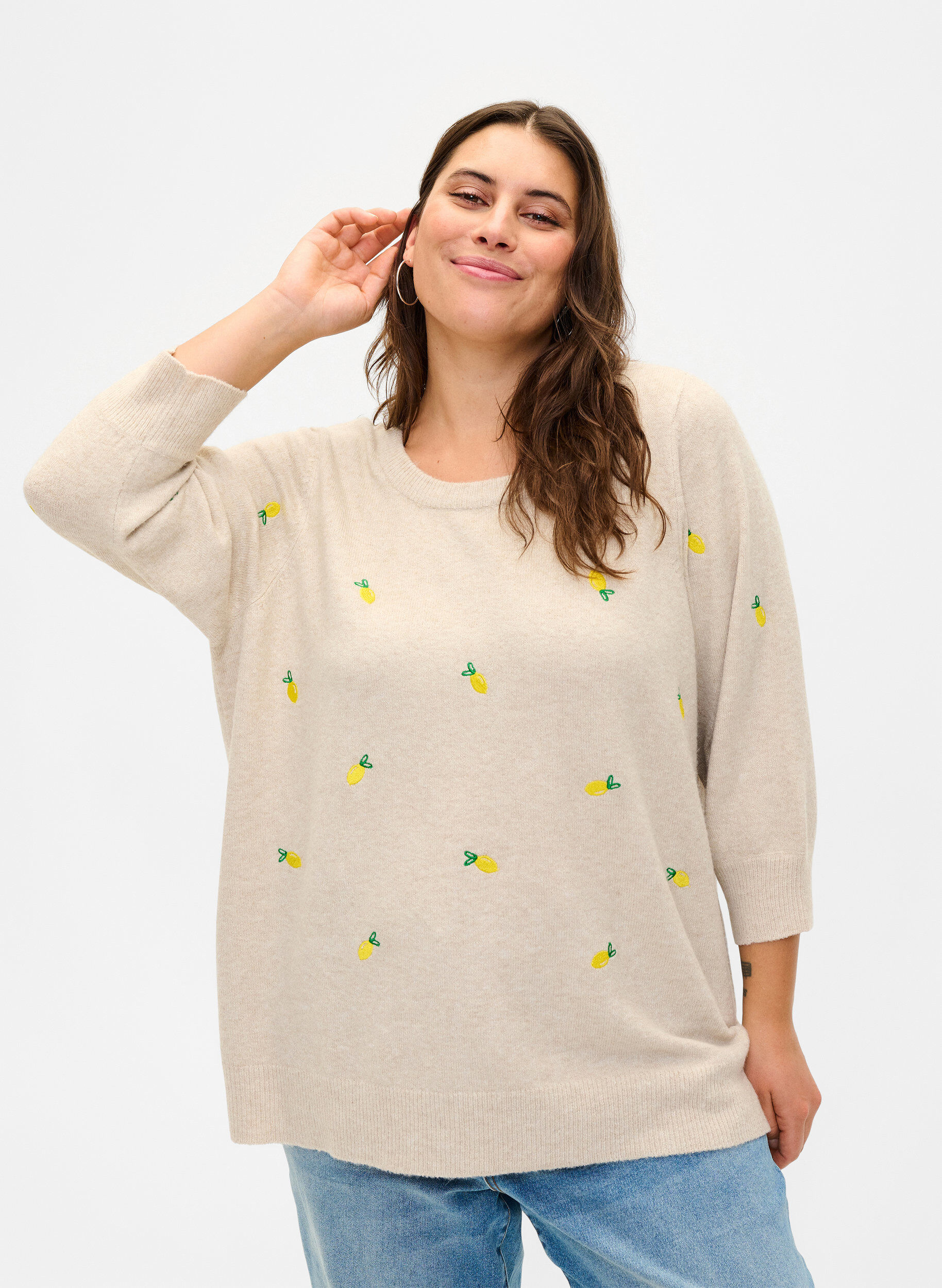 Zizzi Gebreide blouse met 3/4-mouwen en citroenen, P. Stone Mel. Lemon, Model image number 0