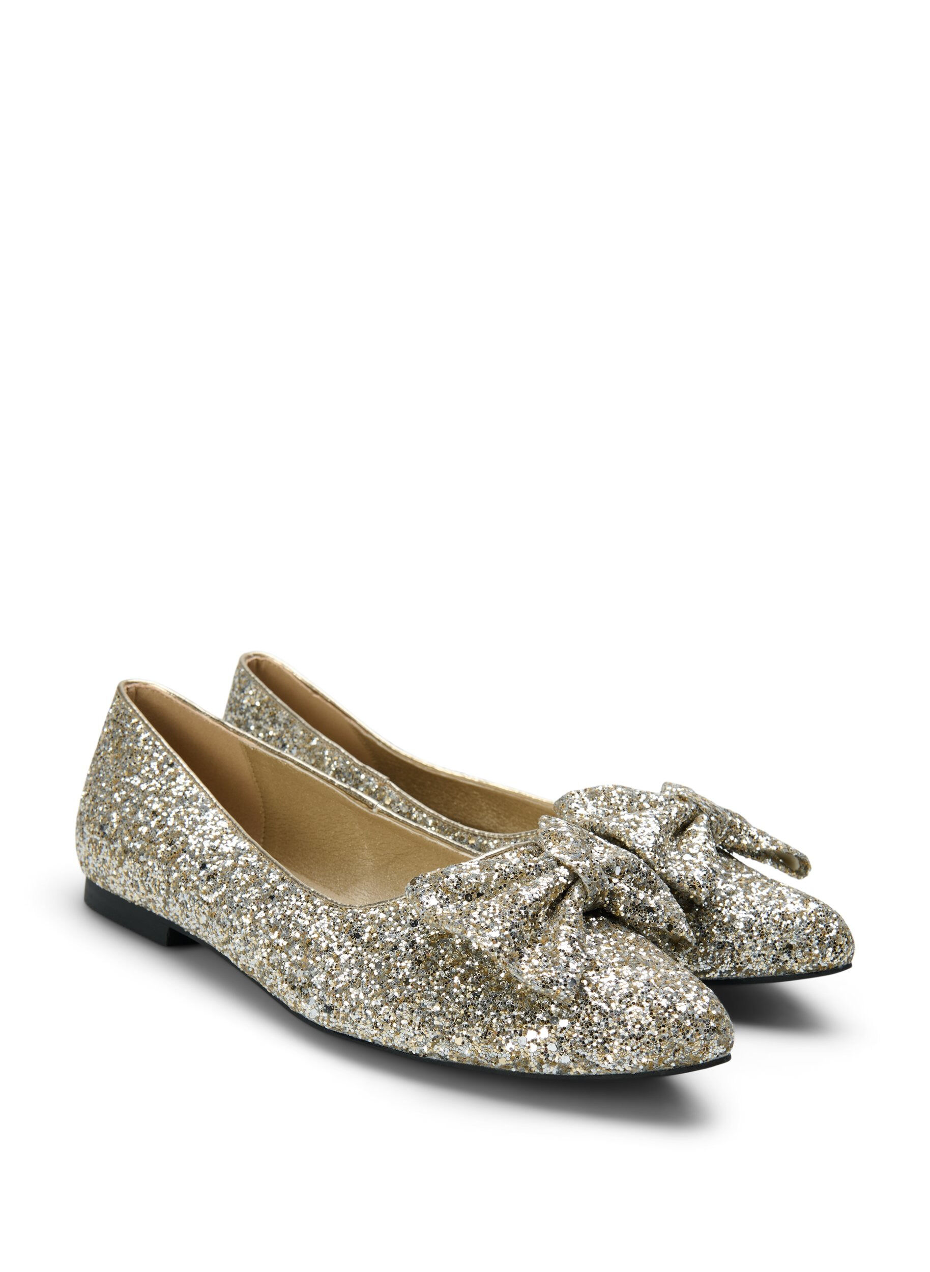 Zizzi Wijde glitter ballerina met strik, Gold Glitter, Packshot image number 1