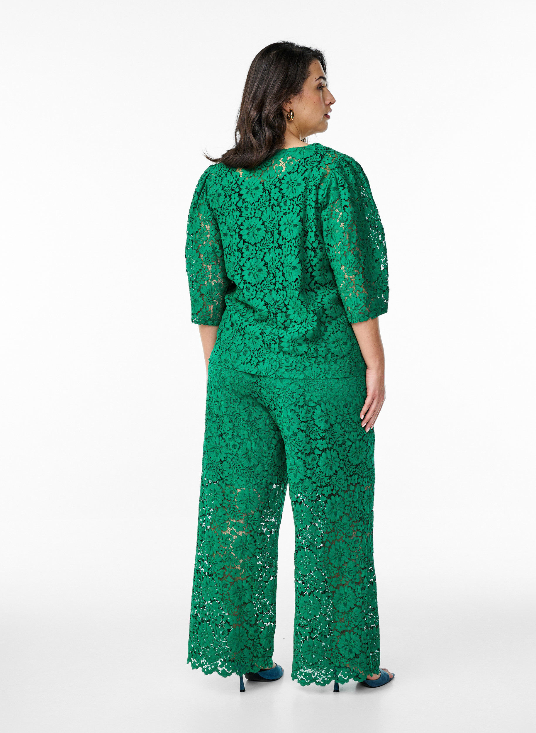 Zizzi Kanten broek met hoge taille en zakken, Groen, Model image number 1