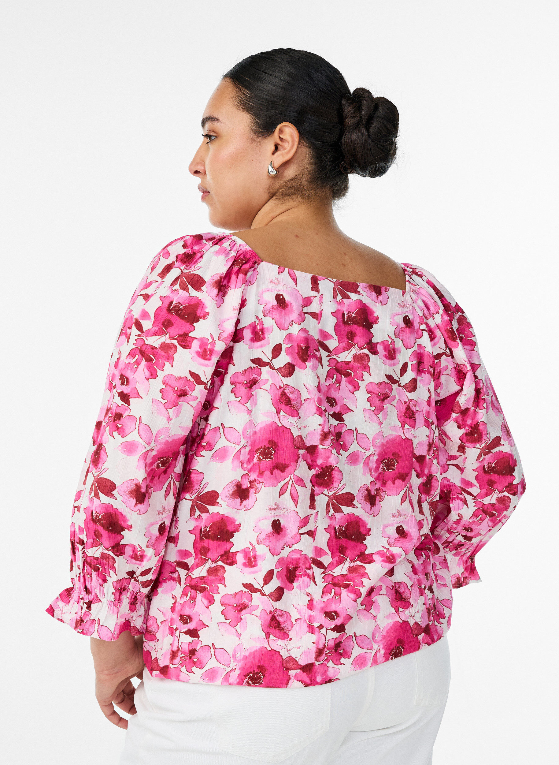 Zizzi Viscose blouse met een vierkante hals en 3/4-mouwen, Roze, Model image number 2