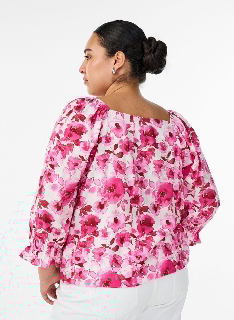 Viscose blouse met een vierkante hals en 3/4-mouwen, Roze, Model image number 2
