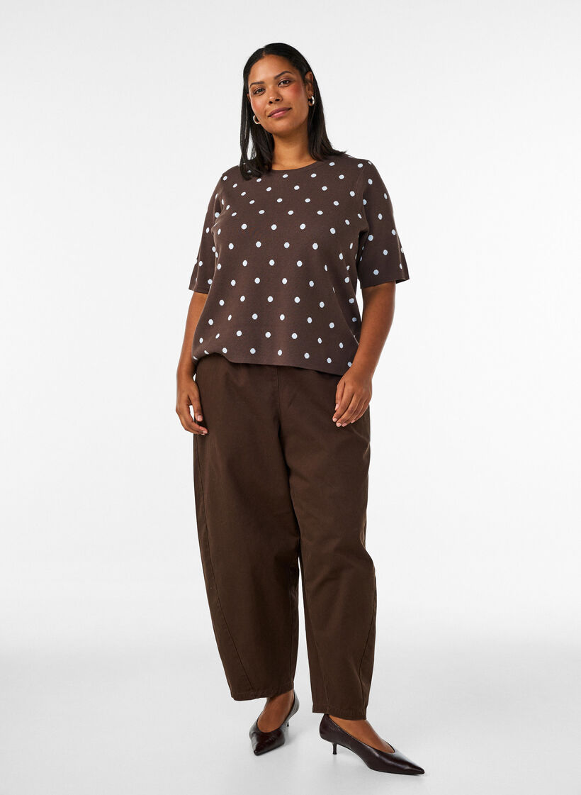 Gebreide blouse met korte mouwen en stippen, Bruin, Model image number 1