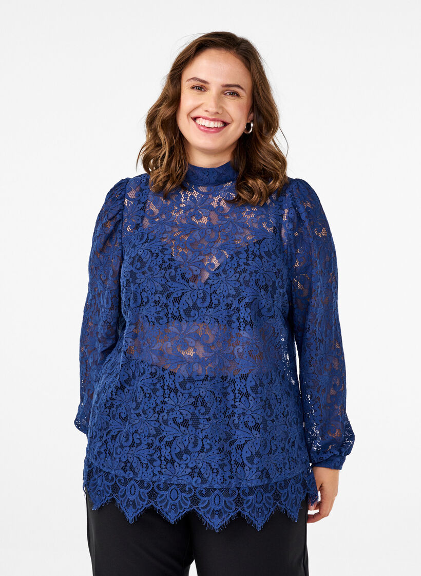 Kanten blouse met strikdetail, Estate Blue, Model image number 0