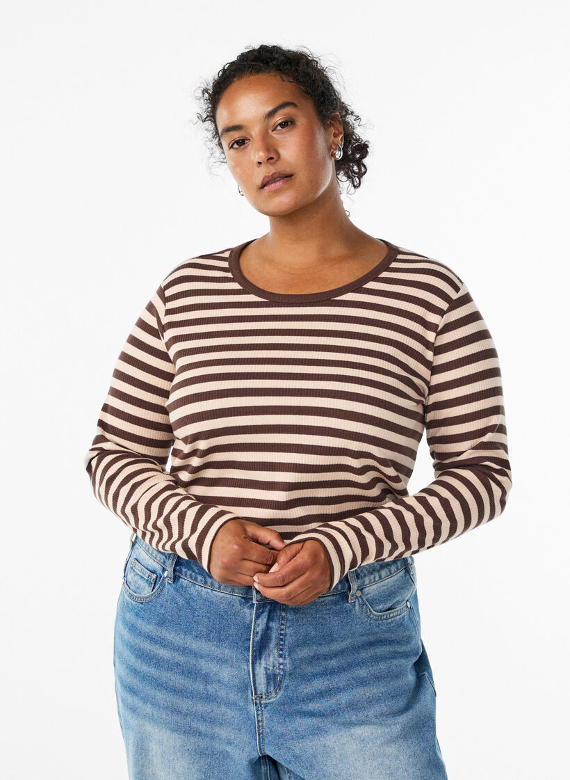Gestreepte blouse met lange mouwen, Bruin, Model image number 0