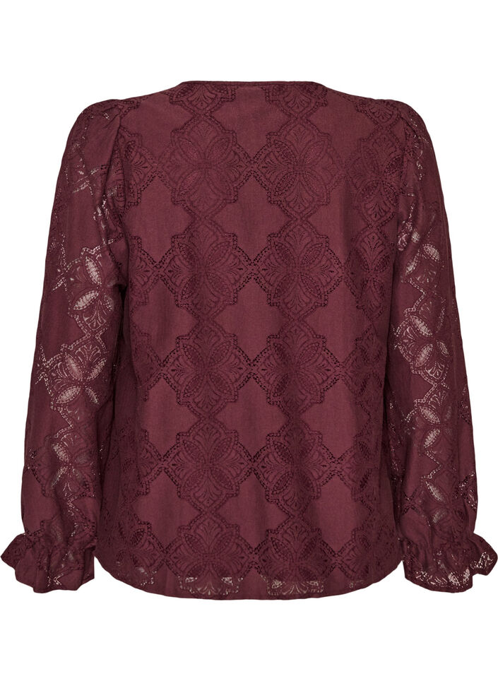 Blouse met lange mouwen met kantpatroon, Donker Bordeaux, Packshot image number 1
