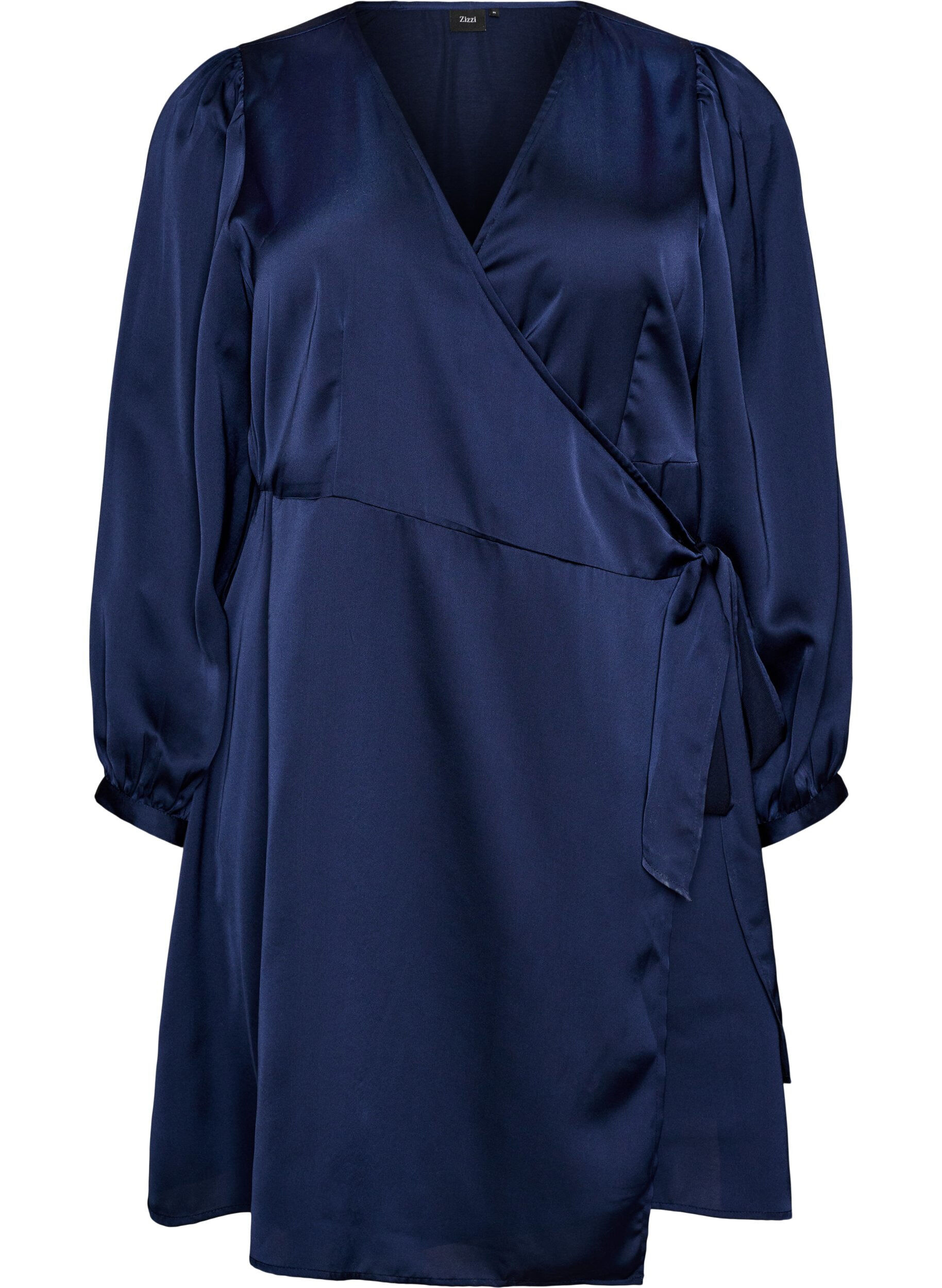 ZizziKorte satijnen jurk met wikkeldesign, Blauw, Packshot image number 0