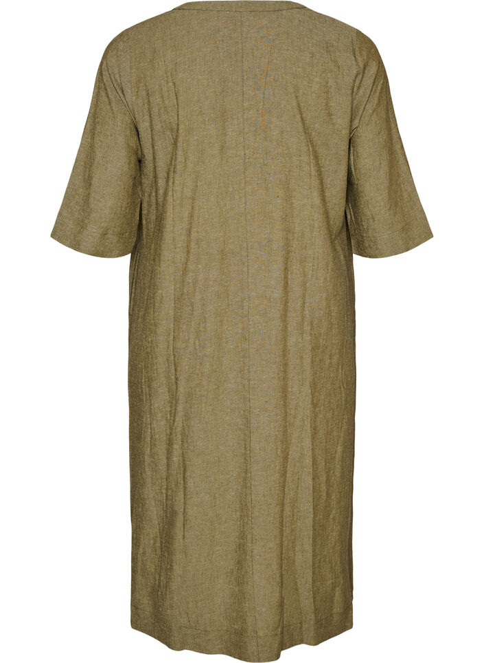 Midi-jurk in linnen en viscose met 1/2 mouwen, Groen, Packshot image number 1