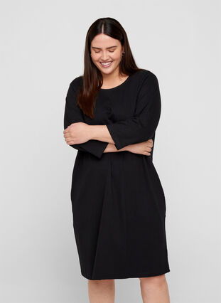 Katoenen jurk met 3/4 mouwen en zakken, Black, Model image number 0