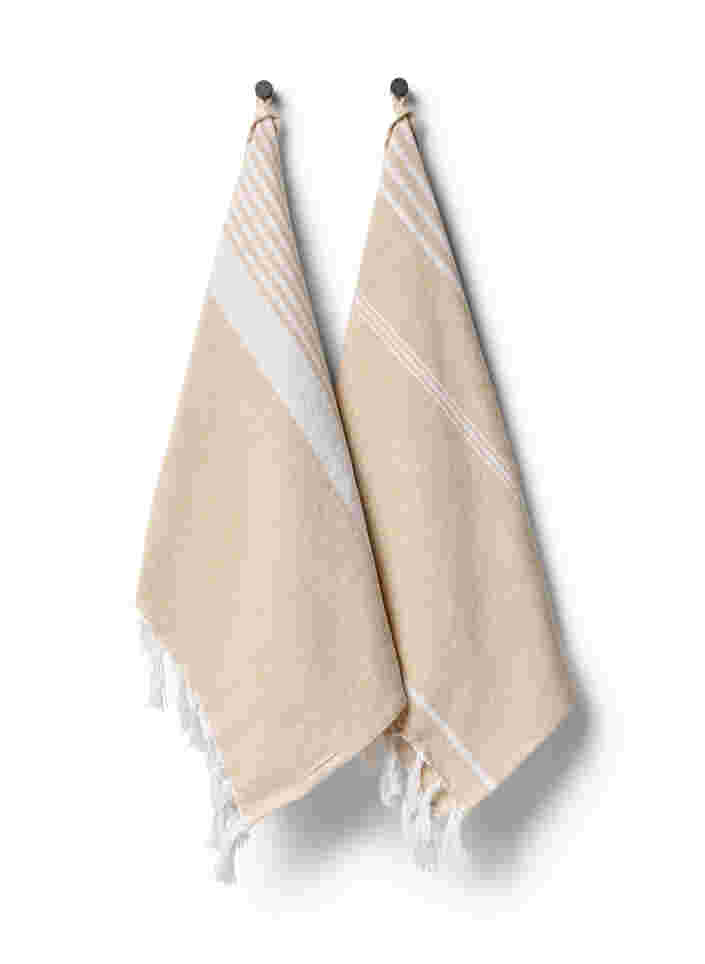 2-pack gestreepte handdoek met franjes, 2-Pack Beige, Packshot image number 0