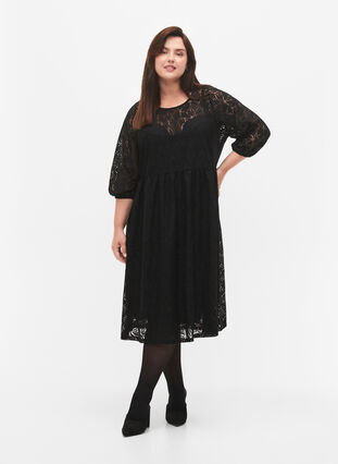 Kanten jurk met driekwartmouwen, Black, Model image number 2