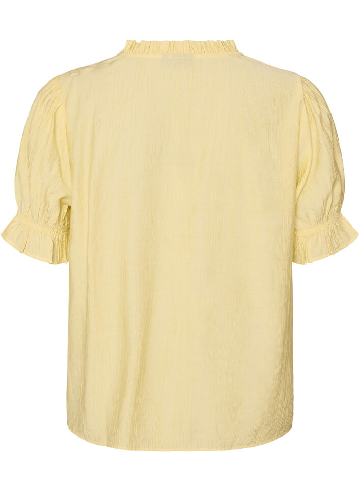 Blouse met korte mouwen in een viscosemix met textuur en ruchesmouwen, Geel, Packshot image number 1