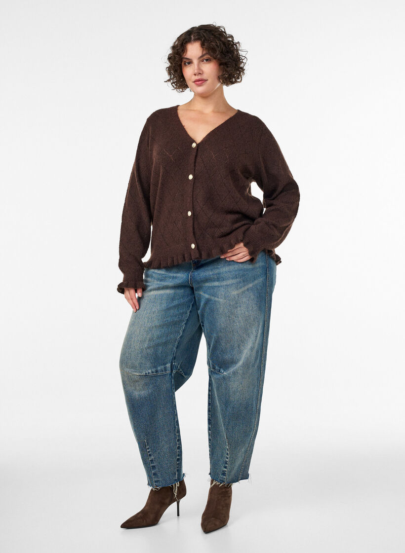 Cardigan met harlekijnpatroon en V-hals, Bruin, Model image number 1