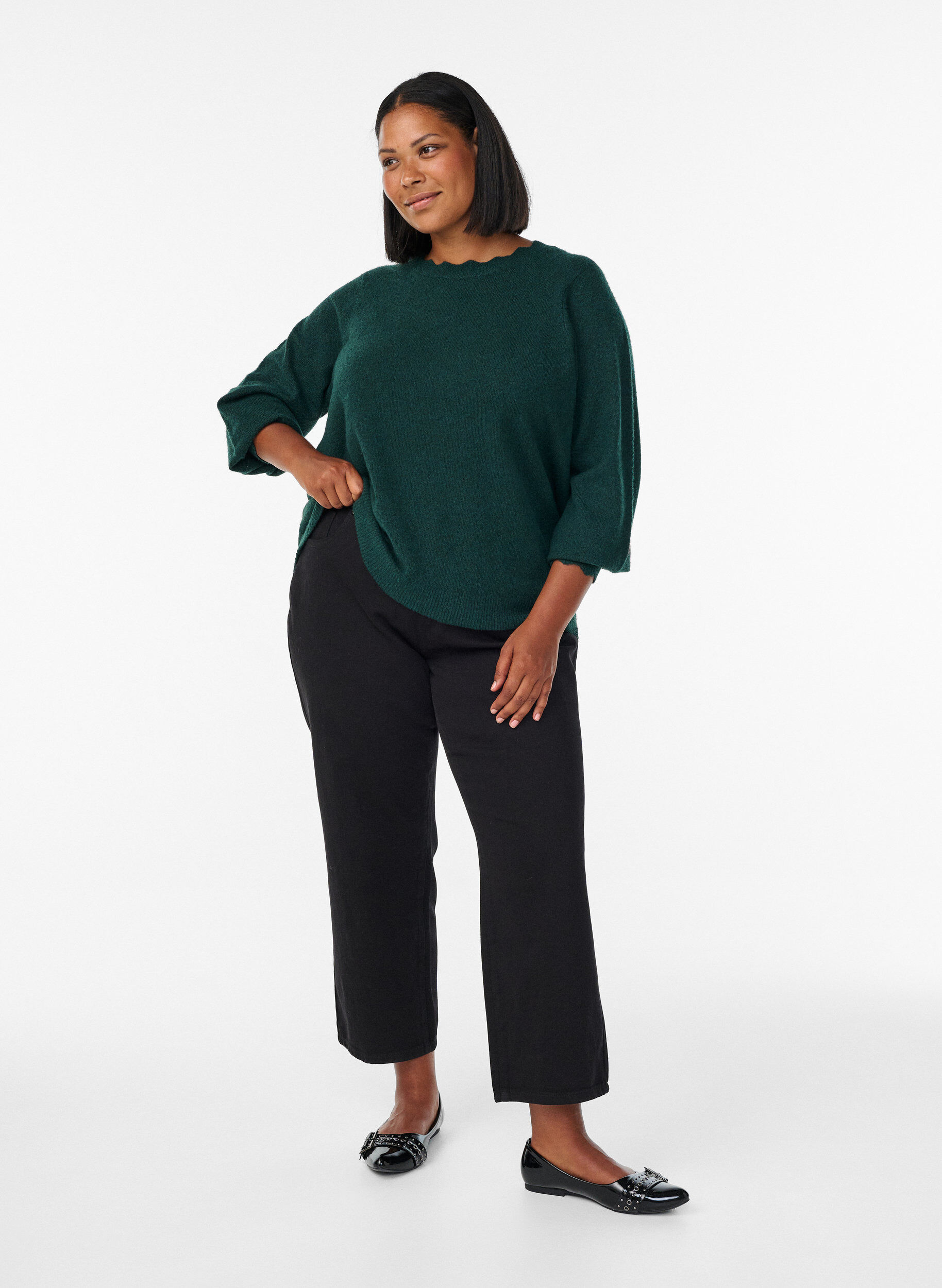 ZizziGebreide blouse met golvende randen, Groen, Model image number 1