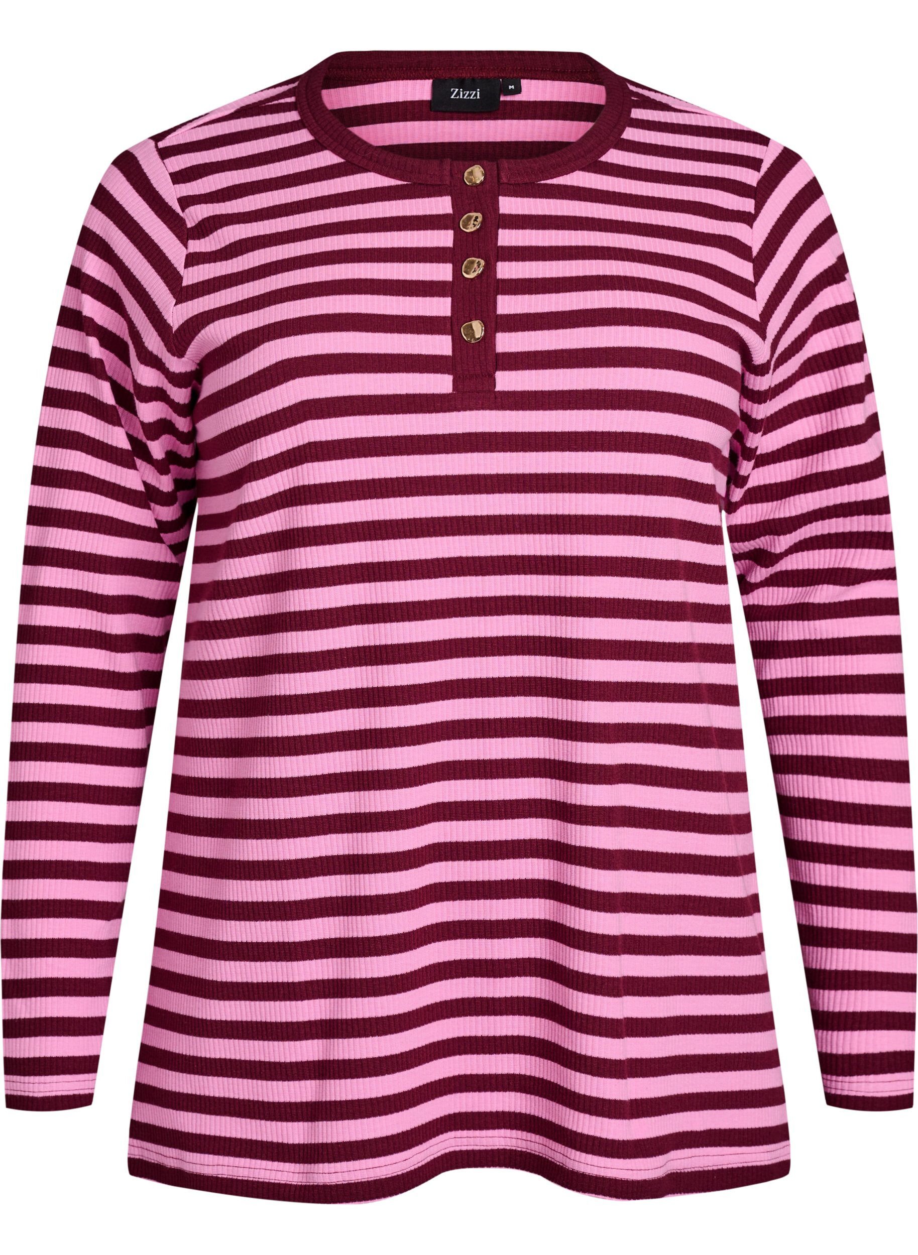 Zizzi Gestreepte jersey blouse met een geribde textuur, Roze, Packshot image number 0