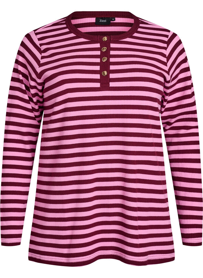 Gestreepte jersey blouse met een geribde textuur, Roze, Packshot image number 0