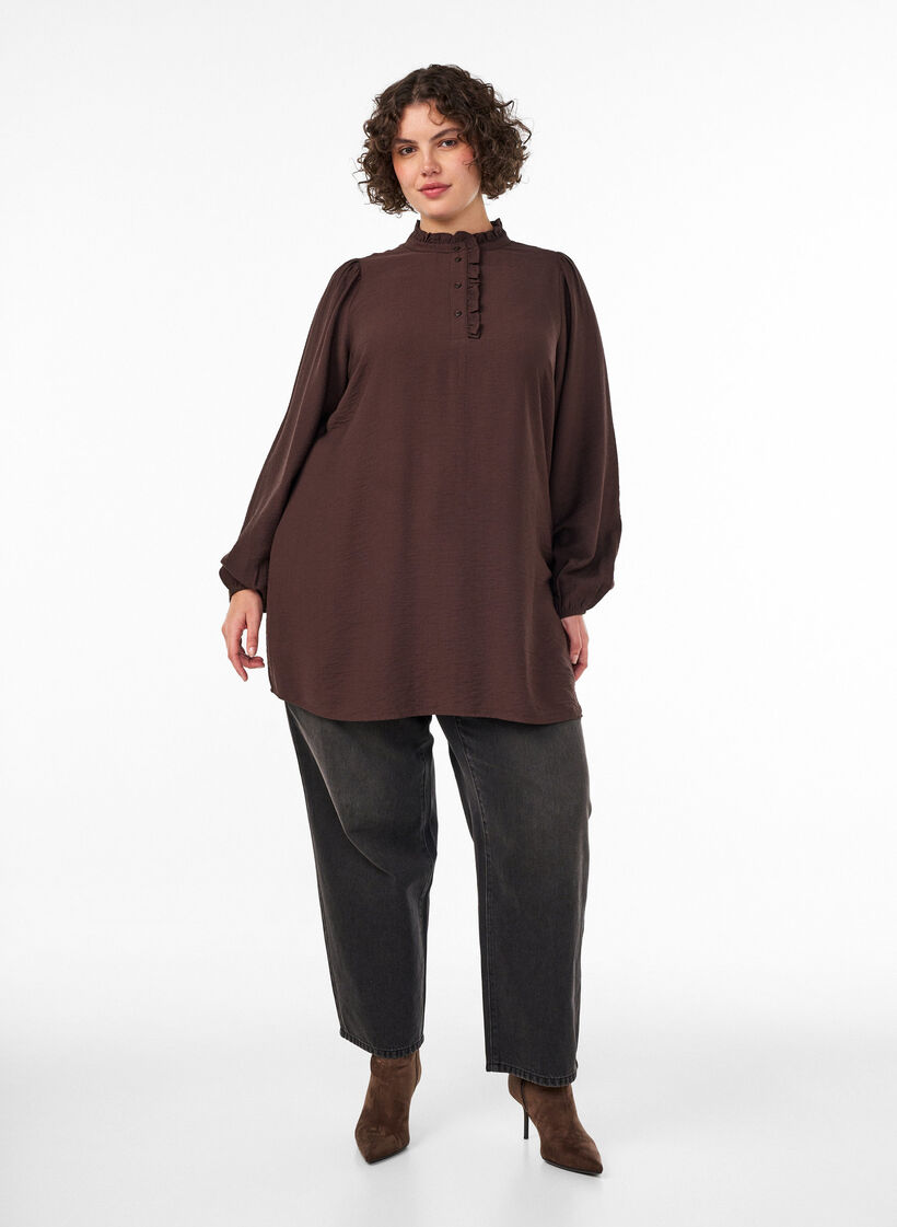 Viscose tuniek met ruches en knopen, Bruin, Model image number 1