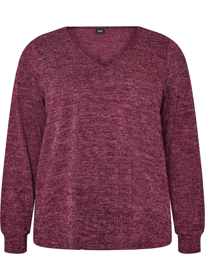 Jersey blouse met V-hals en lange mouwen, Donker Bordeaux, Packshot image number 0