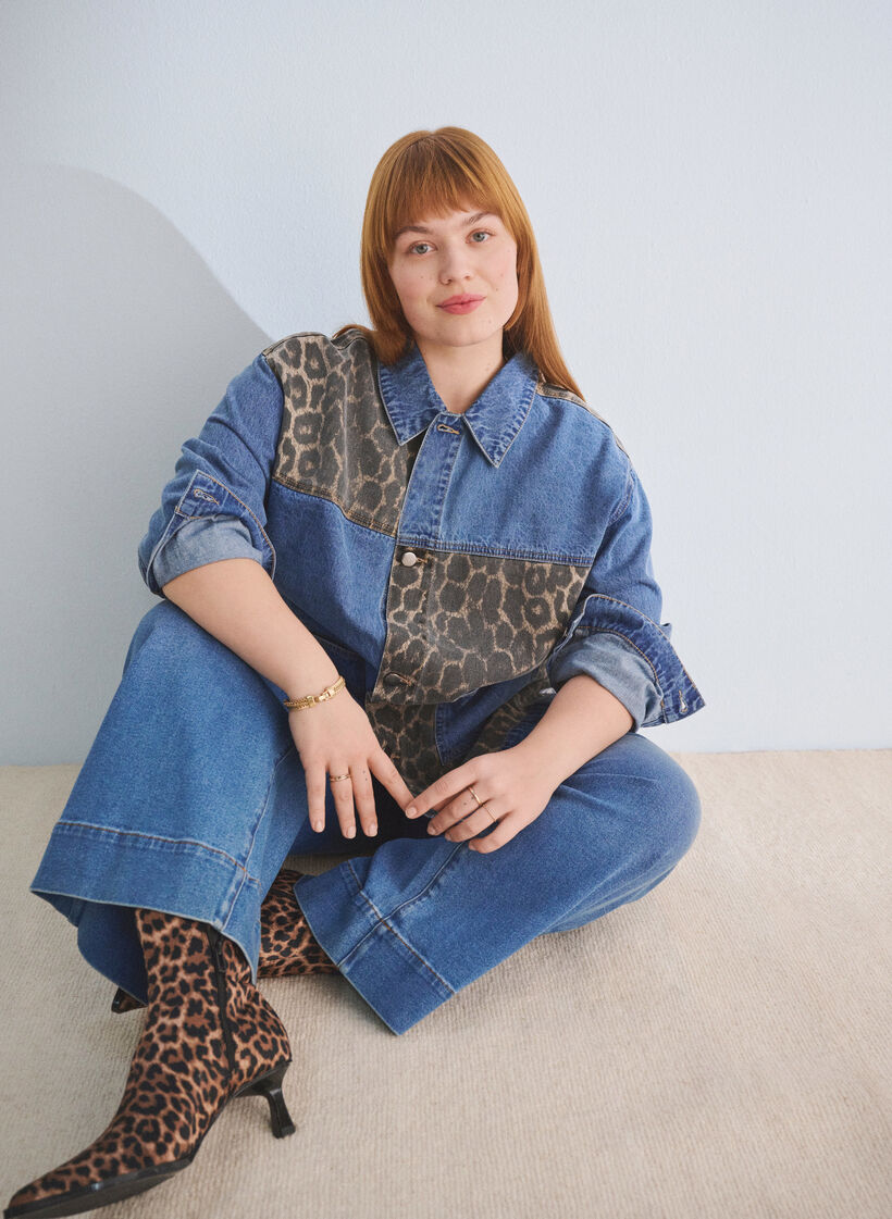 Denim shirt met luipaardprint details, Blauw, Image image number 0