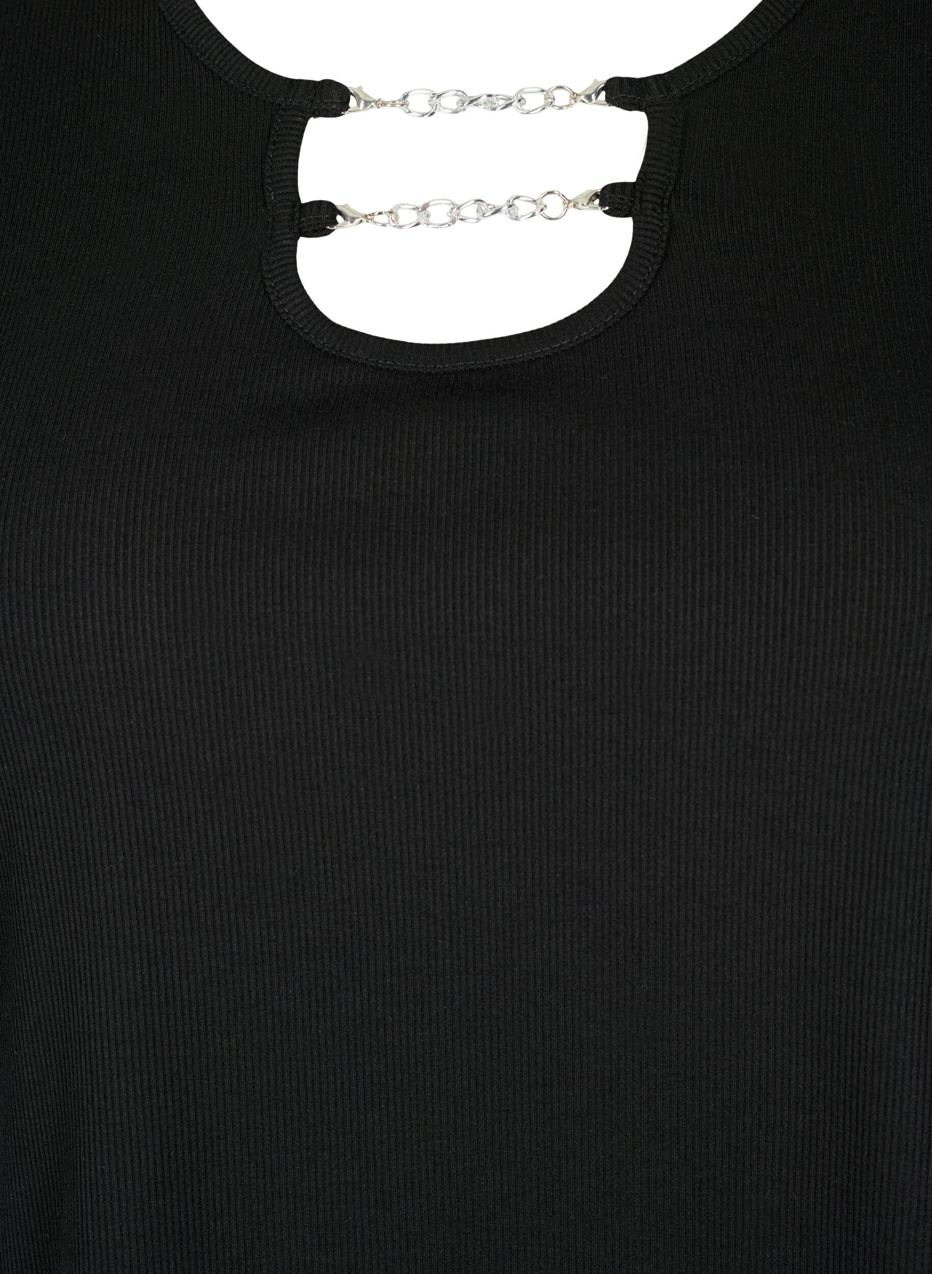 Zizzi Geribde blouse met ketting detail, Black, Packshot image number 2